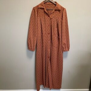 Vintage 50s 60s Orange Rust Floral Print Dress Coat Size XL